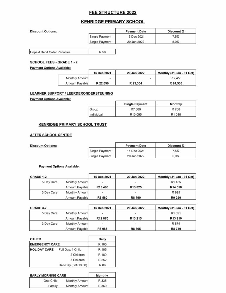 School Fee Structure Kenridge Primary School