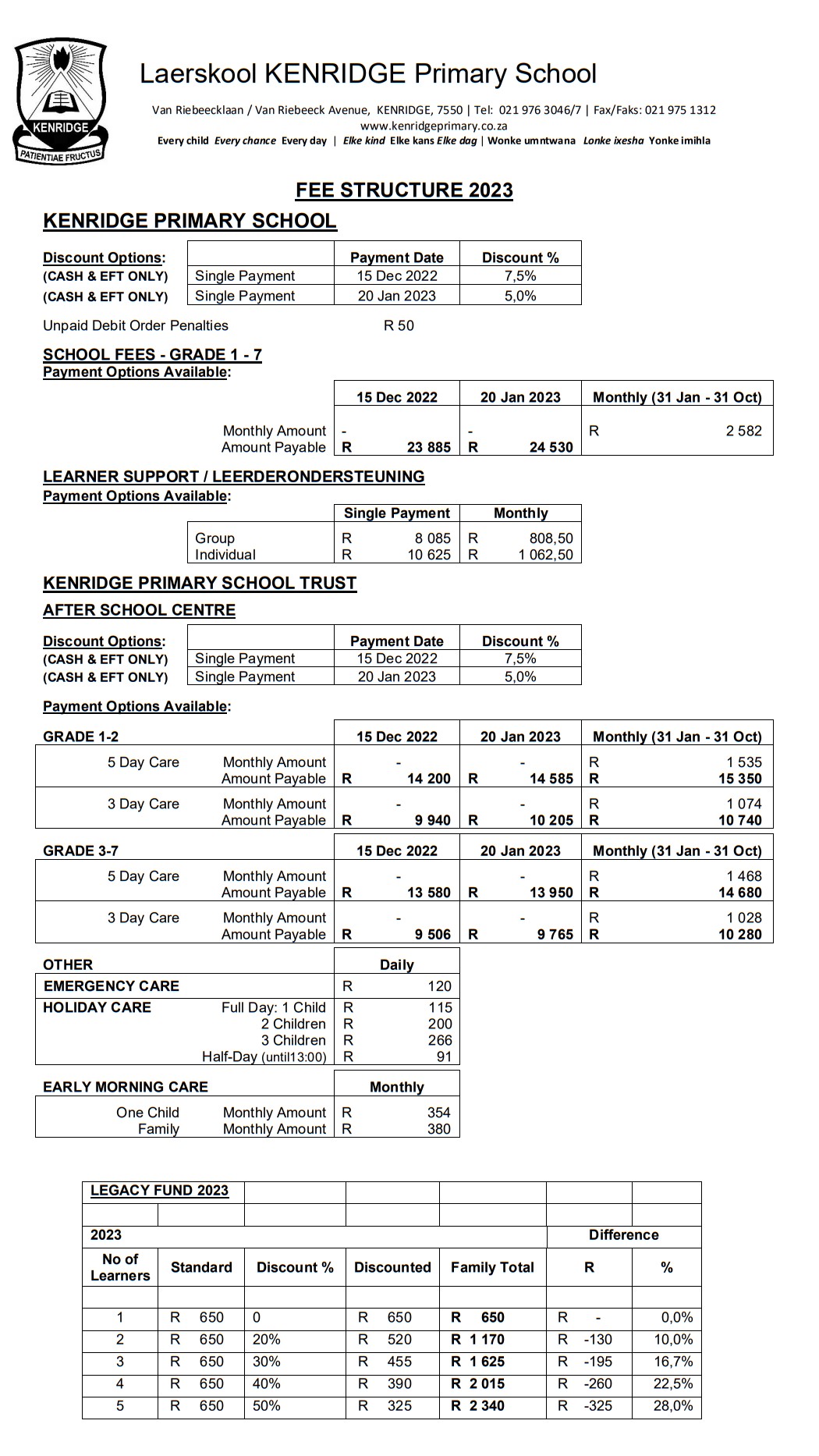 School Fee Structure Kenridge Primary School